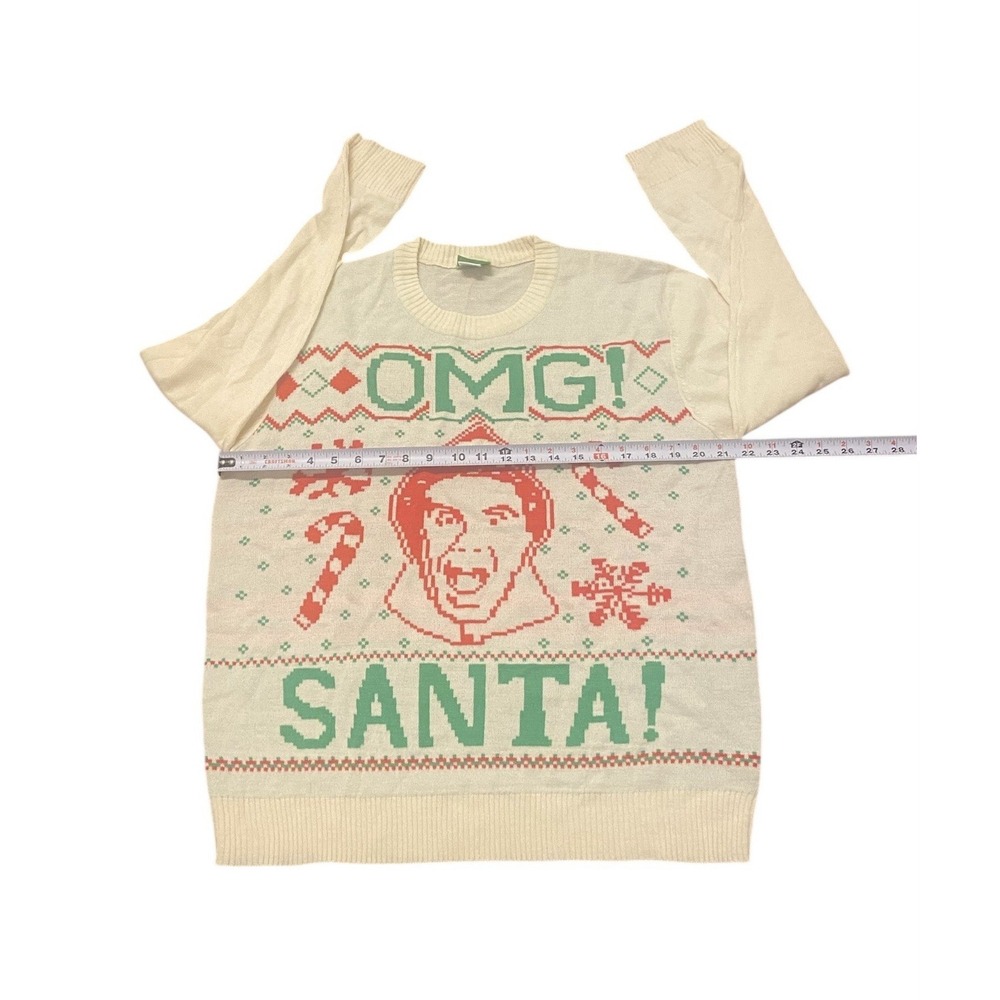 Elf Ugly Christmas Sweater Women's L Ivory Green Red "OMG! Santa" Crewneck - Picture 3 of 6